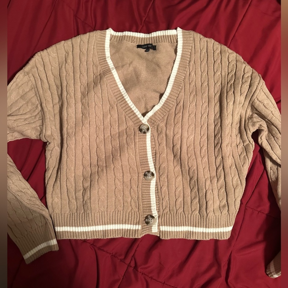 Tan Cable Knit Cardigan Sweater